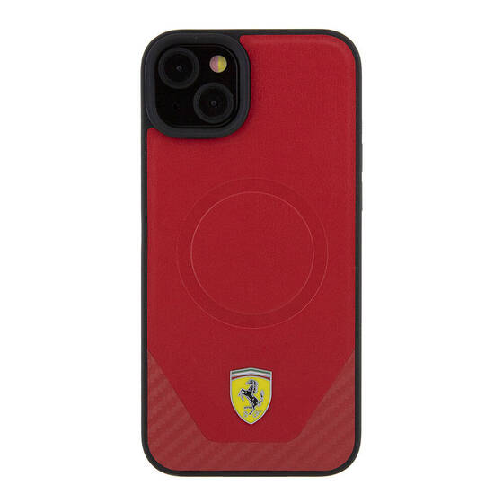 iPhone 15 Plus Kılıf Ferrari Orjinal Lisanslı Magsafe Şarj Özellikli Metal Logolu PU Karbon Kırmızı