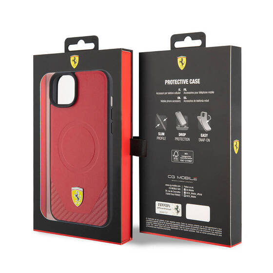 iPhone 15 Plus Kılıf Ferrari Orjinal Lisanslı Magsafe Şarj Özellikli Metal Logolu PU Karbon Kırmızı
