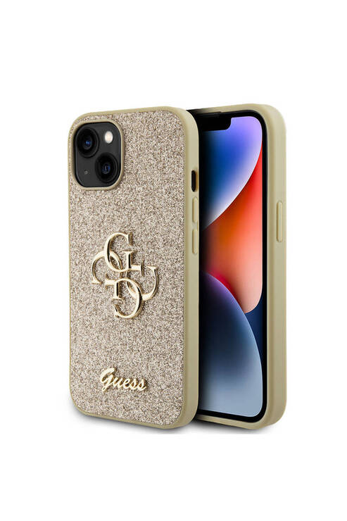 iPhone 15 Plus Uyumlu Kılıf Guess Lisanslı 4G Büyük Metal Logolu Glitter Kapak Gold