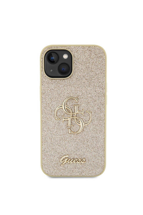 iPhone 15 Plus Uyumlu Kılıf Guess Lisanslı 4G Büyük Metal Logolu Glitter Kapak Gold