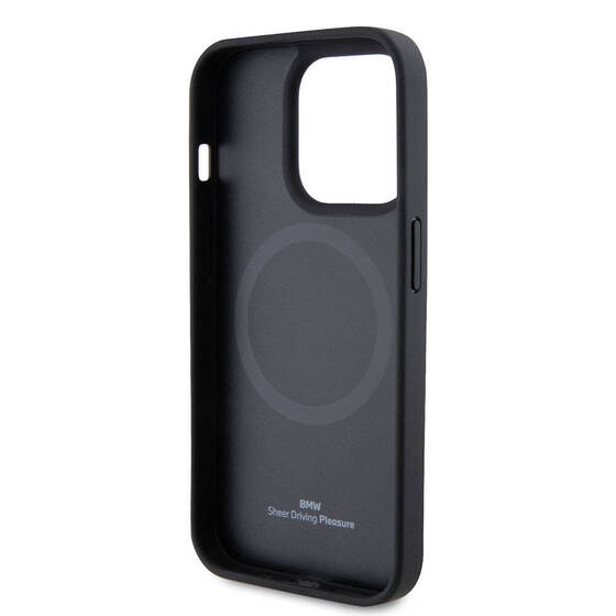 iPhone 15 Pro Case BMW Original Licensed Magsafe Şarj Özellikli Sıcak Damga Logolu Deri Kapak Siyah