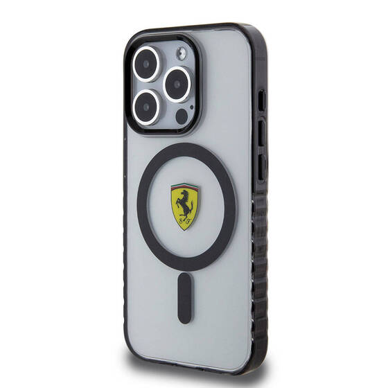 iPhone 15 Pro Kılıf Ferrari Orjinal Lisanslı Magsafe Şarj Özellikli Tırtıklı Kenar Tasarımlı Şeffaf