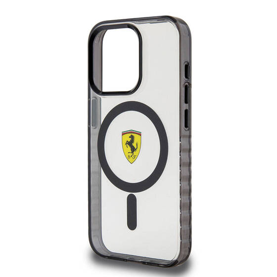 iPhone 15 Pro Kılıf Ferrari Orjinal Lisanslı Magsafe Şarj Özellikli Tırtıklı Kenar Tasarımlı Şeffaf