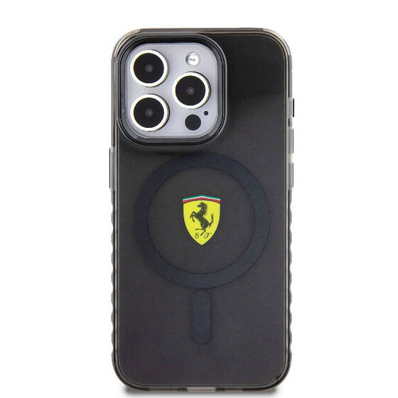 iPhone 15 Pro Kılıf Ferrari Orjinal Lisanslı Magsafe Şarj Özellikli Tırtıklı Kenar Tasarımlı Siyah