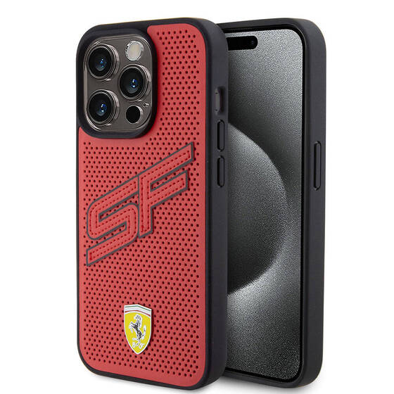 iPhone 15 Pro Kılıf Ferrari Orjinal Lisanslı PU Delikli Yüzey Metal Logolu Büyük SF Yazılı Kırmızı