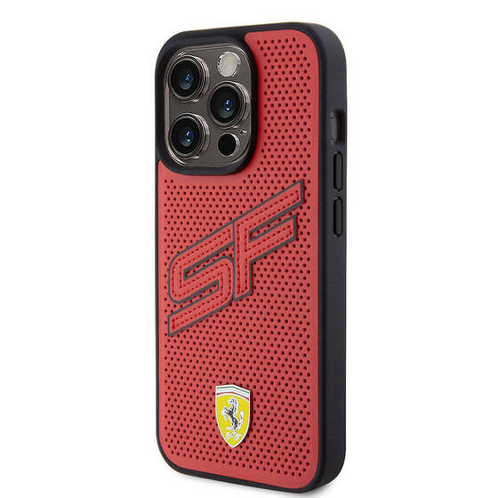 iPhone 15 Pro Kılıf Ferrari Orjinal Lisanslı PU Delikli Yüzey Metal Logolu Büyük SF Yazılı Kırmızı