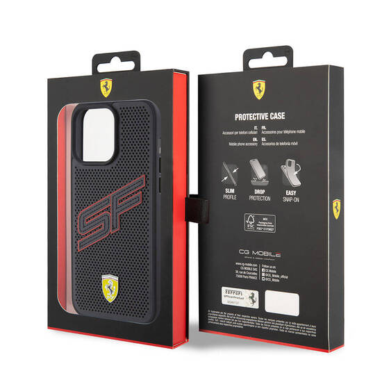 iPhone 15 Pro Kılıf Ferrari Orjinal Lisanslı PU Delikli Yüzey Metal Logolu Büyük SF Yazılı Siyah
