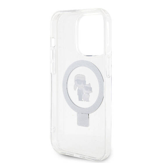 iPhone 15 Pro Kılıf Karl Lagerfeld Orj Lisans Magsafe Özellik K&C İkonik Baskılı Ring Standlı Beyaz