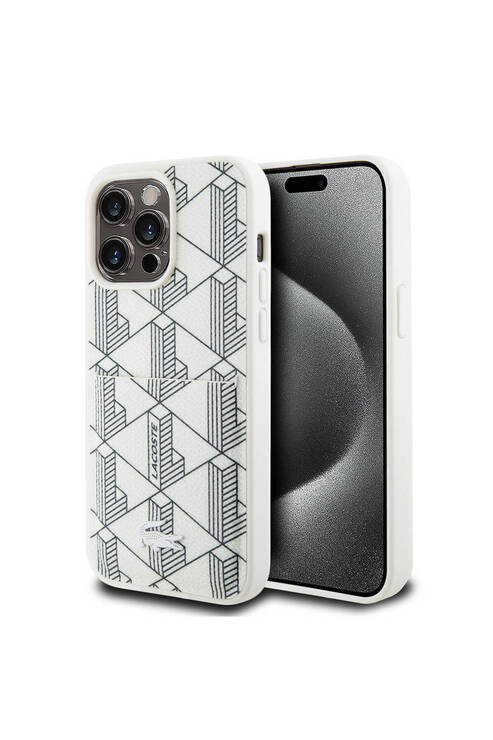 iPhone 15 Pro Kılıf Lacoste Lisanslı Magsafe Şarj Özellikli PU Deri Görünümlü Kartlıklı Kapak Beyaz