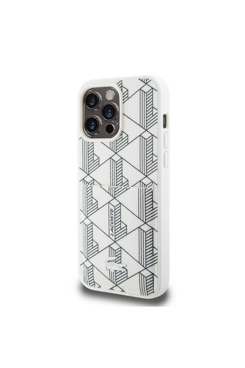 iPhone 15 Pro Kılıf Lacoste Lisanslı Magsafe Şarj Özellikli PU Deri Görünümlü Kartlıklı Kapak Beyaz