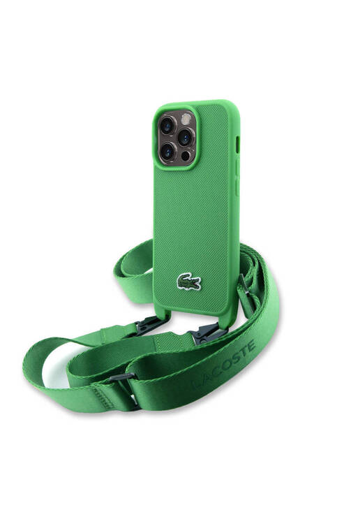 iPhone 15 Pro Kılıf Lacoste Lisanslı PU Pike Desenli Askılı İkonik Timsah Dokuma Logo Yeşil
