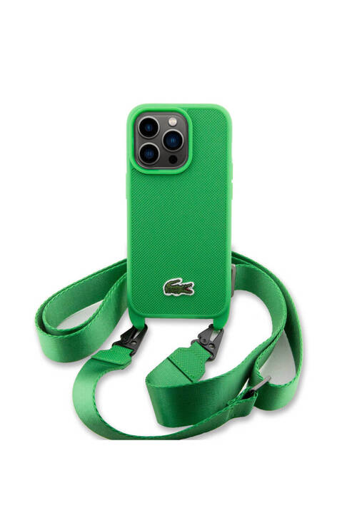 iPhone 15 Pro Kılıf Lacoste Lisanslı PU Pike Desenli Askılı İkonik Timsah Dokuma Logo Yeşil