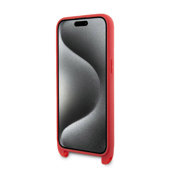 iPhone 15 Pro Kılıf Lacoste Orjinal Lisanslı PU Pike Desen Askılı İkonik Timsah Dokuma Logo Kırmızı