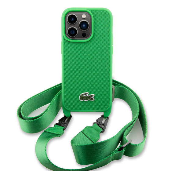 iPhone 15 Pro Kılıf Lacoste Orjinal Lisanslı PU Pike Desenli Askılı İkonik Timsah Dokuma Logo Yeşil