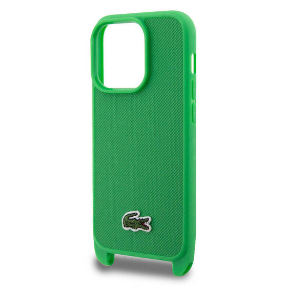 iPhone 15 Pro Kılıf Lacoste Orjinal Lisanslı PU Pike Desenli Askılı İkonik Timsah Dokuma Logo Yeşil