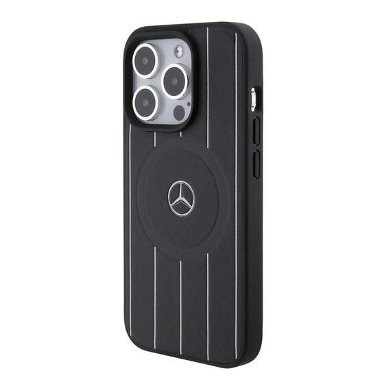 iPhone 15 Pro Kılıf Mercedes Benz Orjinal Lisanslı Magsafe Şarjlı Baskı Logolu Deri Siyah