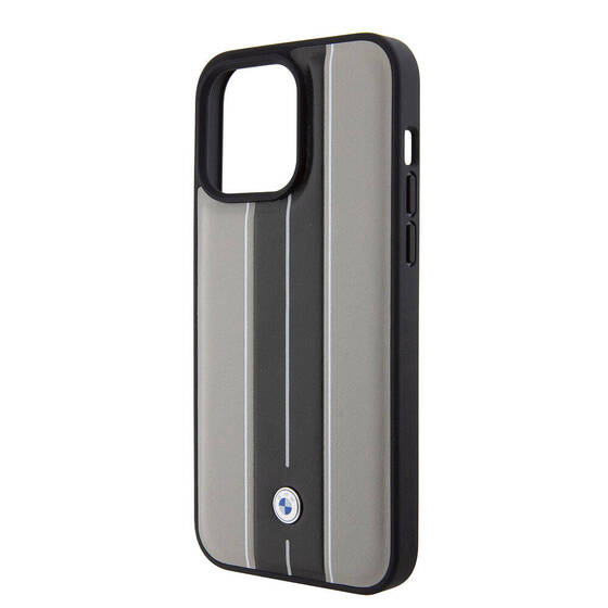 iPhone 15 Pro Max Kılıf BMW Orjinal Lisanslı Deri Arka Yüzey Metal Logolu Çift Şerit Tasarımlı Krem