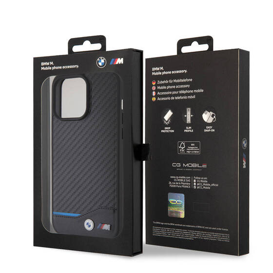 iPhone 15 Pro Max Kılıf BMW Orjinal Lisanslı Magsafe Şarj Özellikli M Logolu PU Karbon Kapak Siyah