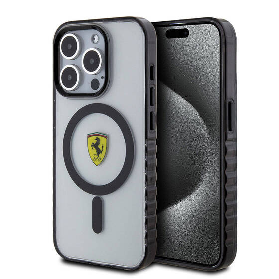 iPhone 15 Pro Max Kılıf Ferrari Orjinal Lisanslı Magsafe Şarj Özellik Tırtıklı Kenar Tasarım Şeffaf