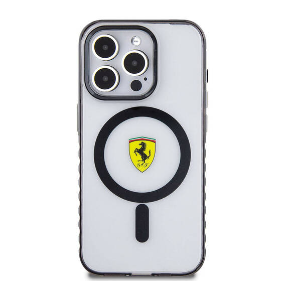 iPhone 15 Pro Max Kılıf Ferrari Orjinal Lisanslı Magsafe Şarj Özellik Tırtıklı Kenar Tasarım Şeffaf