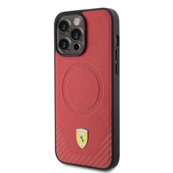 iPhone 15 Pro Max Kılıf Ferrari Orjinal Lisanslı Magsafe Şarjlı Metal Logolu PU Karbon Kırmızı