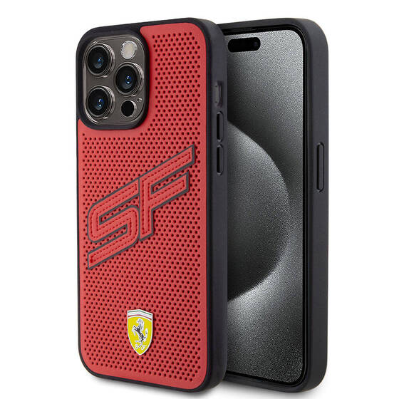 iPhone 15 Pro Max Kılıf Ferrari Orjinal Lisanslı PU Delikli Metal Logolu Büyük SF Yazılı Kırmızı