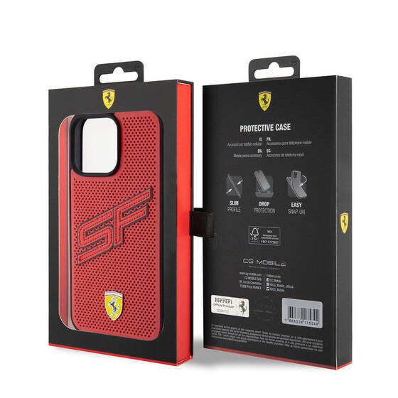 iPhone 15 Pro Max Kılıf Ferrari Orjinal Lisanslı PU Delikli Metal Logolu Büyük SF Yazılı Kırmızı