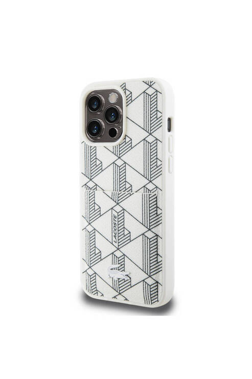 iPhone 15 Pro Max Kılıf Lacoste Lisanslı Magsafe Özellikli PU Deri Görünümlü Kartlıklı Beyaz