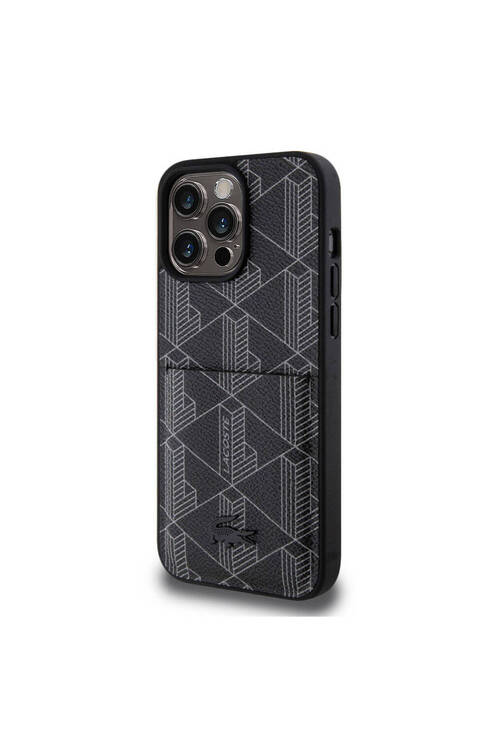 iPhone 15 Pro Max Kılıf Lacoste Lisanslı Magsafe Özellikli PU Deri Görünümlü Kartlıklı Siyah