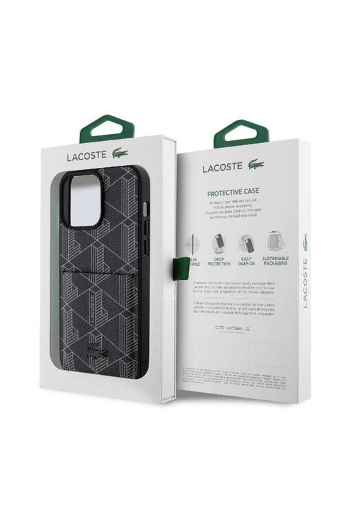 iPhone 15 Pro Max Kılıf Lacoste Lisanslı Magsafe Özellikli PU Deri Görünümlü Kartlıklı Siyah