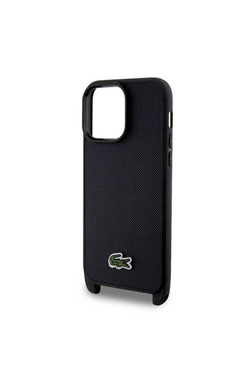 iPhone 15 Pro Max Kılıf Lacoste Lisanslı PU Pike Desen Askılı İkonik Timsah Logo Siyah