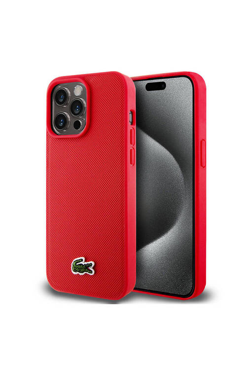 iPhone 15 Pro Max Kılıf Lacoste Lisanslı PU Pike Desenli İkonik Timsah Dokuma Logo Kırmızı