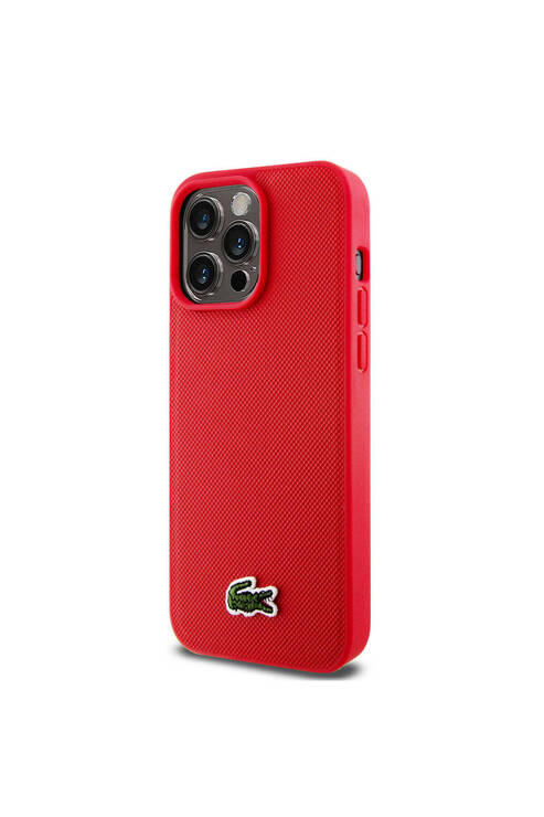iPhone 15 Pro Max Kılıf Lacoste Lisanslı PU Pike Desenli İkonik Timsah Dokuma Logo Kırmızı