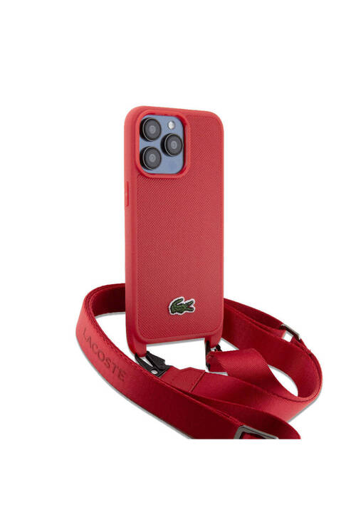 iPhone 15 Pro Max Kılıf Lacoste Orijinal Lisanslı PU Pike Desen Askılı İkonik Timsah Logolu Kırmızı