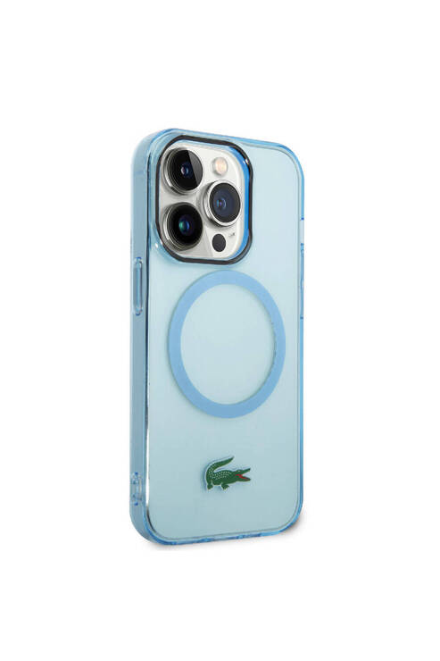 iPhone 15 Pro Max Kılıf Lacoste Orj Lisanslı Magsafe Özellikli Transparan Timsah Logo Mavi Açık