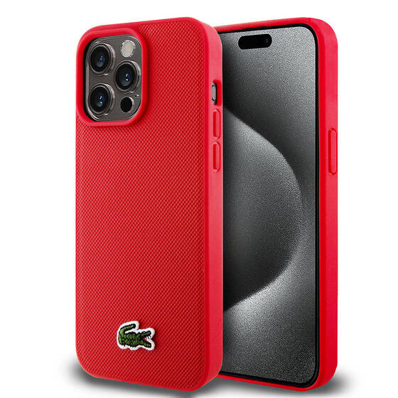 iPhone 15 Pro Max Kılıf Lacoste Orjinal Lisanslı PU Pike Desenli İkonik Timsah Dokuma Logo Kırmızı
