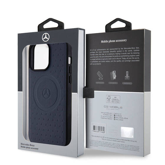 iPhone 15 Pro Max Kılıf Mercedes Benz Orjinal Lisans Magsafe Şarjlı Desenli ve Logolu Deri Lacivert