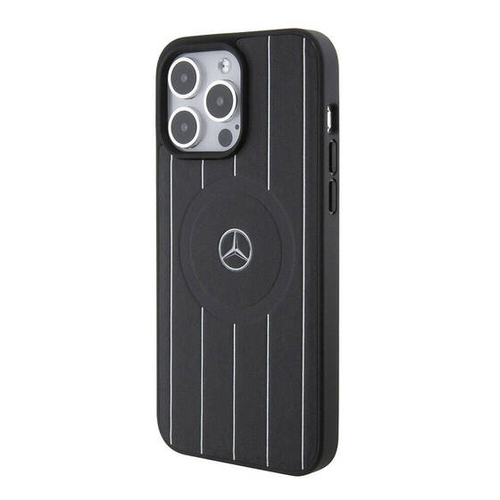 iPhone 15 Pro Max Kılıf Mercedes Benz Orjinal Lisanslı Magsafe Şarjlı Baskı Logolu Deri Siyah
