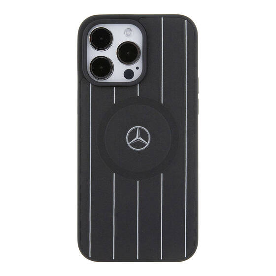 iPhone 15 Pro Max Kılıf Mercedes Benz Orjinal Lisanslı Magsafe Şarjlı Baskı Logolu Deri Siyah