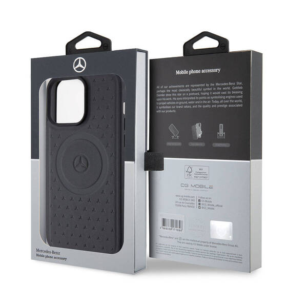 iPhone 15 Pro Max Kılıf Mercedes Benz Orjinal Lisanslı Magsafe Şarjlı Desenli ve Logolu Deri Siyah