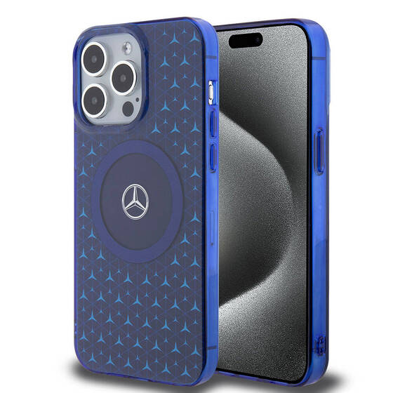 iPhone 15 Pro Max Kılıf Mercedes Benz Orjinal Lisanslı Magsafe Şarjlı Mini Yıldız Desenli Mavi