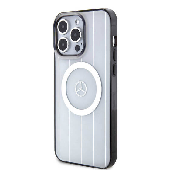 iPhone 15 Pro Max Kılıf Mercedes Benz Orjinal Lisanslı Magsafe Şarjlı Paralel Çizgi Desenli Beyaz