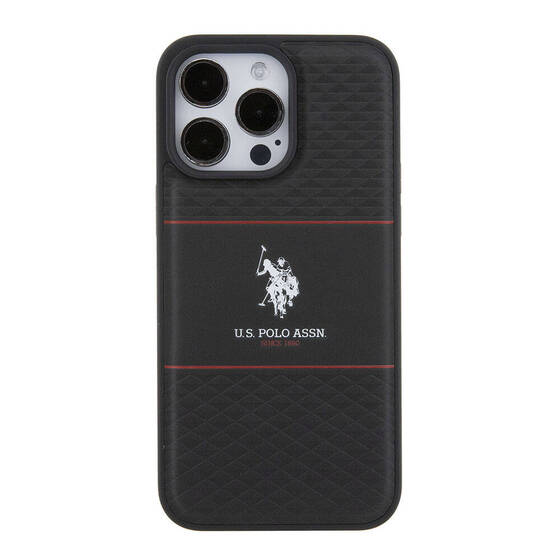 iPhone 15 Pro Max Kılıf U.S. Polo Assn. Orjinal Lisanslı Deri Şeritli Logo Dizayn Kapak Siyah