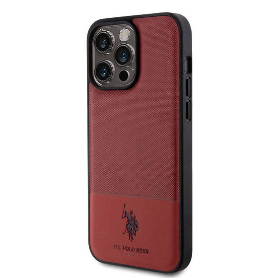 iPhone 15 Pro Max Kılıf U.S. Polo Assn. Orjinal Lisanslı Suni Deri Baskı Logolu Örgü Desenli Kırmızı