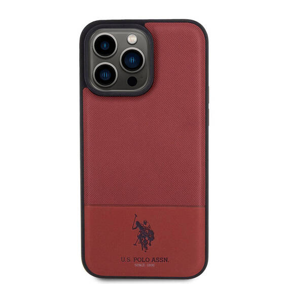 iPhone 15 Pro Max Kılıf U.S. Polo Assn. Orjinal Lisanslı Suni Deri Baskı Logolu Örgü Desenli Kırmızı