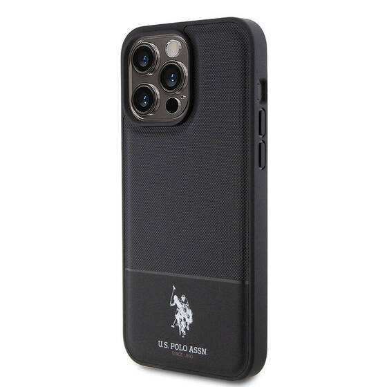 iPhone 15 Pro Max Kılıf U.S. Polo Assn. Orjinal Lisanslı Suni Deri Baskı Logolu Örgü Desenli Siyah