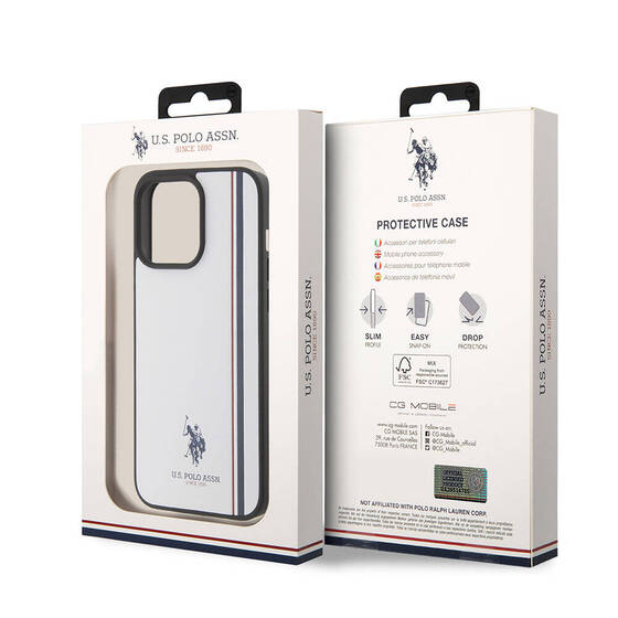 iPhone 15 Pro Max Kılıf U.S. Polo Assn. Orjinal Lisanslı Üç Renk Şerit Tasarımlı Baskı Logolu Beyaz
