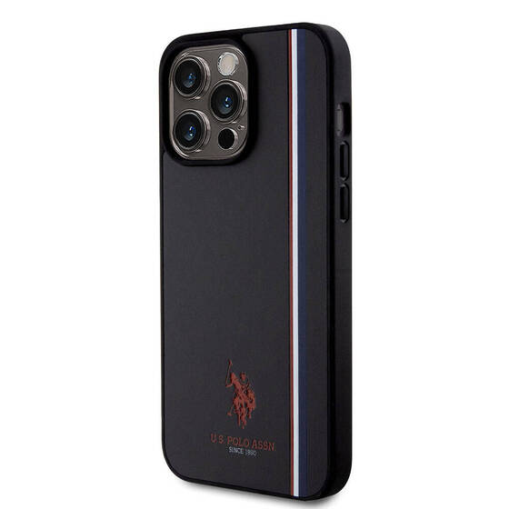 iPhone 15 Pro Max Kılıf U.S. Polo Assn. Orjinal Lisanslı Üç Renk Şerit Tasarımlı Baskı Logolu Siyah