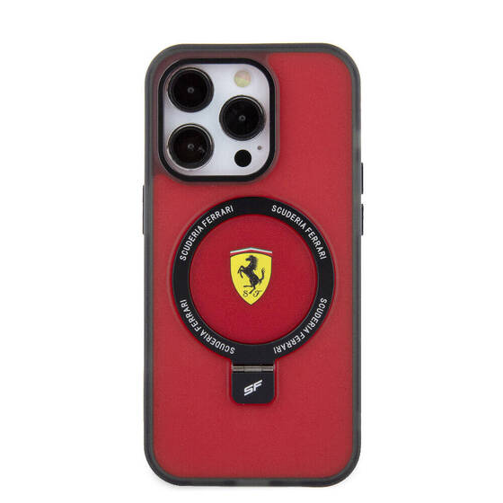 iPhone 15 Pro Max Uyumlu Kılıf Ferrari Magsafe Şarj Özellik Standlı Buzlu Yüzey Dizayn Kapak Kırmızı
