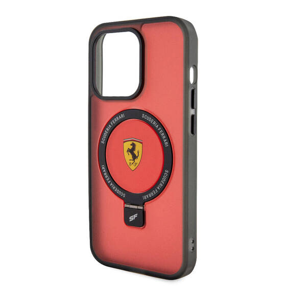 iPhone 15 Pro Max Uyumlu Kılıf Ferrari Magsafe Şarj Özellik Standlı Buzlu Yüzey Dizayn Kapak Kırmızı